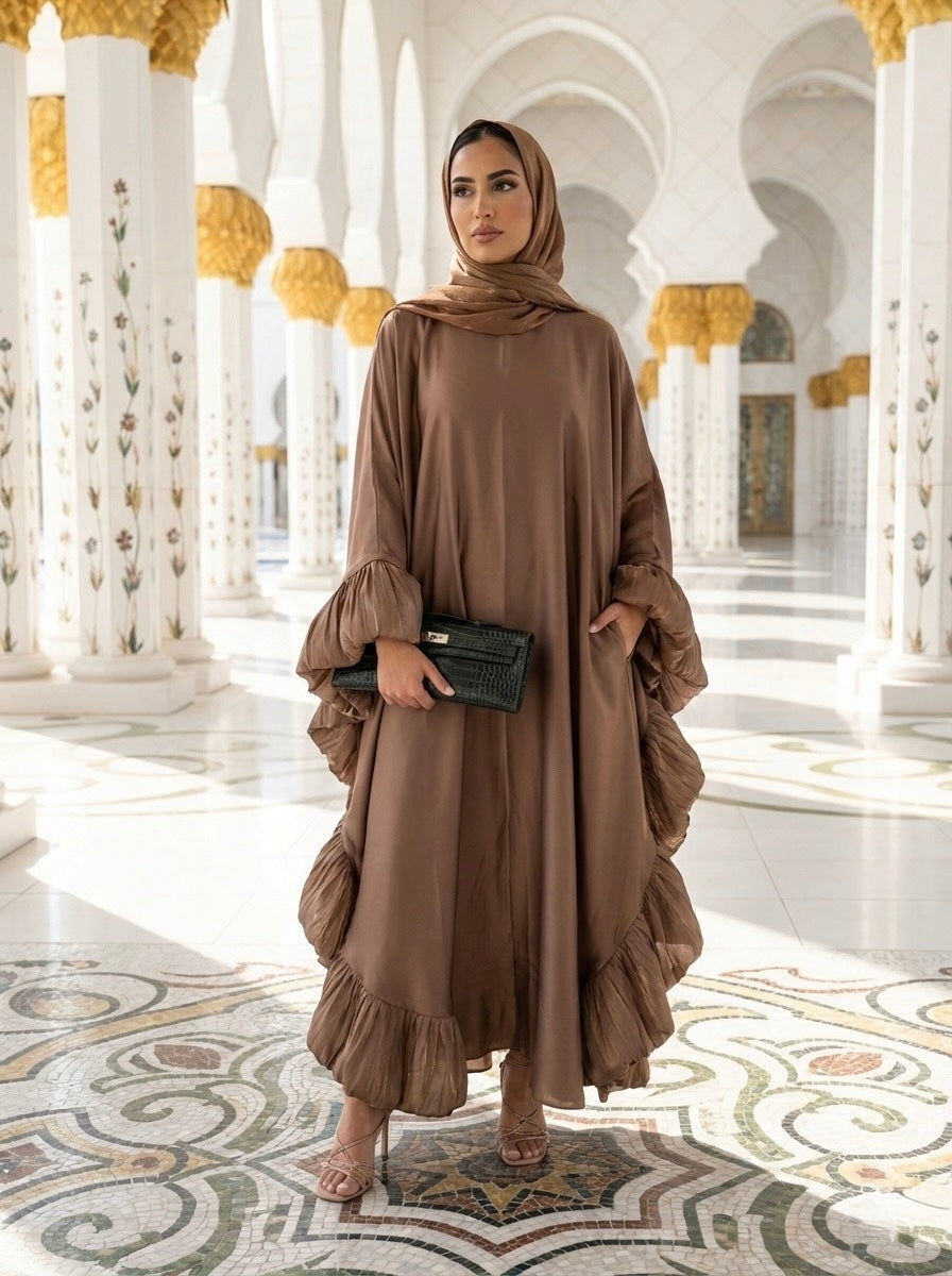 Elegant Brown Ruffle Abaya