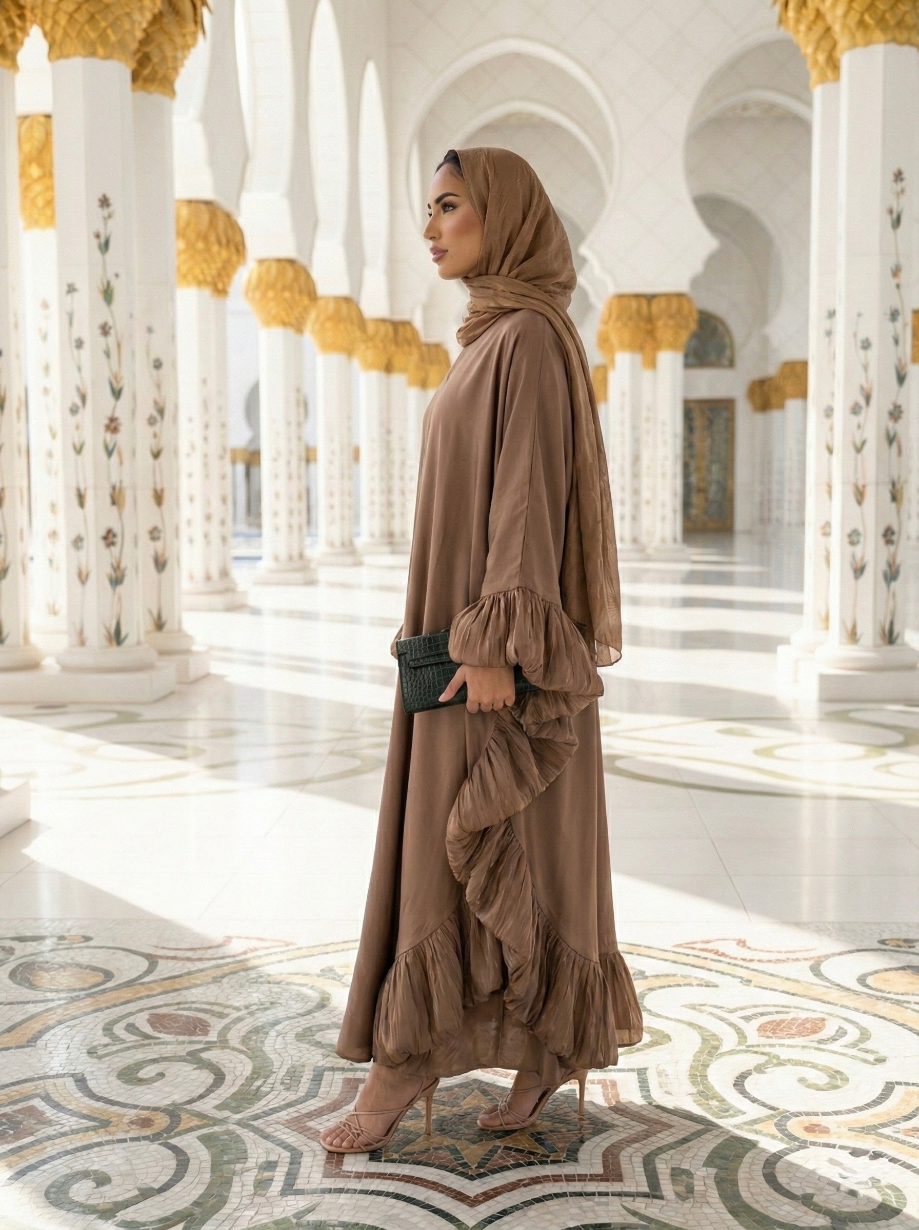 Elegant Brown Ruffle Abaya